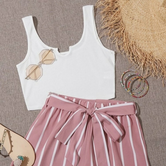 SHEIN Pants - Ribbed Crop Tank + High Waisted Striped Shorts Set